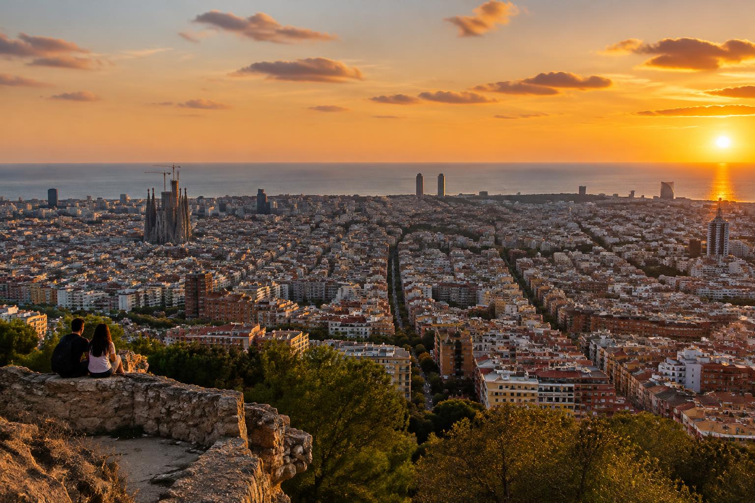 Barcelona i morze widziane z Bunkers del Carmel o zachodzie słońca