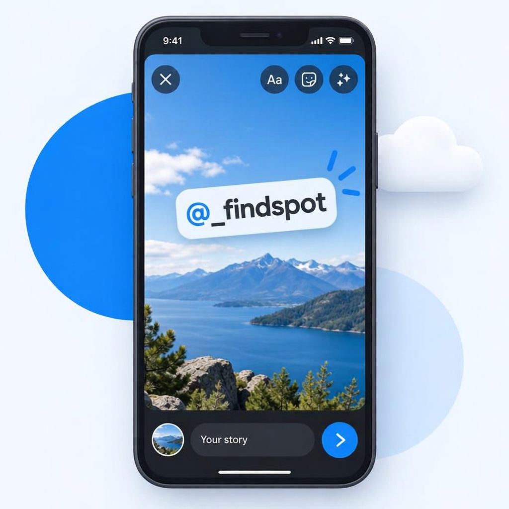 Stylizowany ekran telefonu z naklejką wzmianki @_findspot