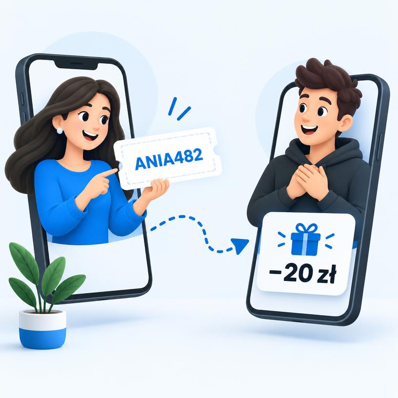 Dwa stylizowane telefony przekazujące kod polecający ANIA482